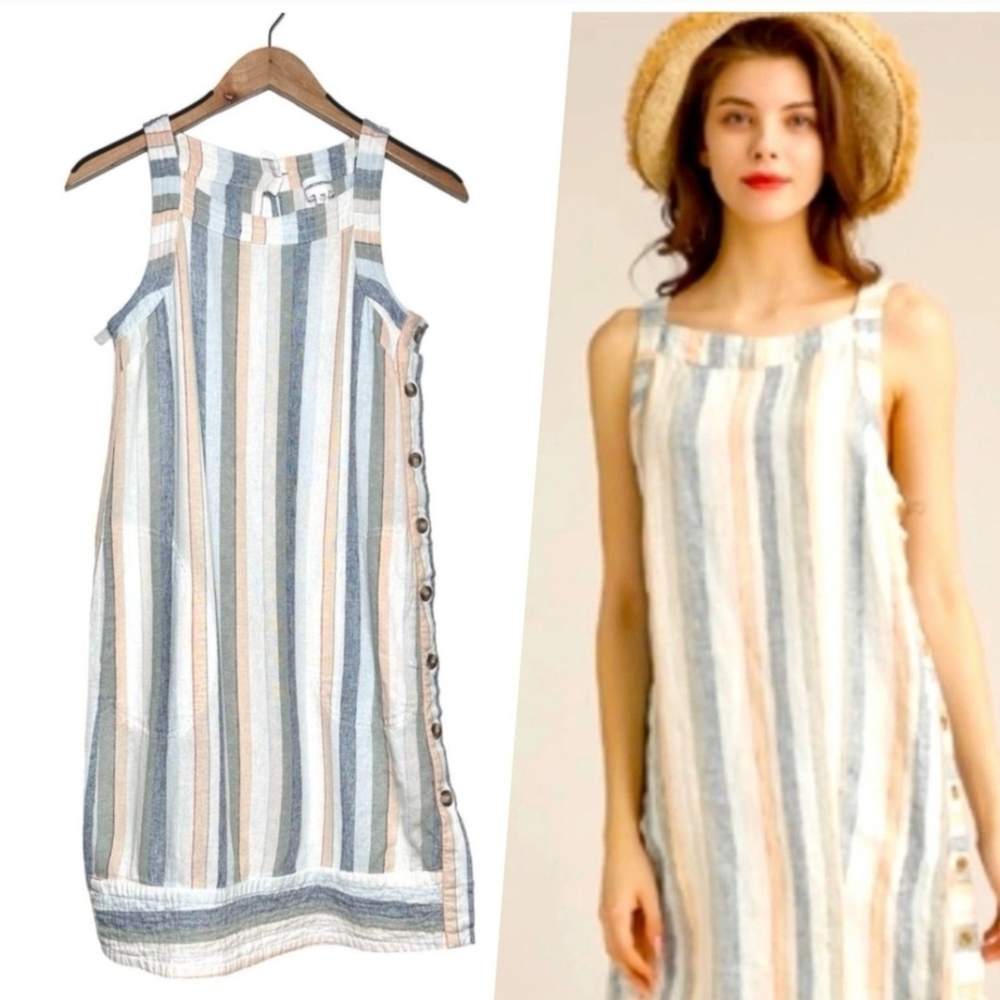 Linen Blend Sleeveless Vertical Striped Square Neck Dress Size L